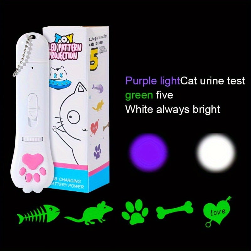 Cat Teaser Projection Pen USB Rechargeable - Rotating Gear Pattern Projector Toy for Cats, LED Light Chase Toy with White Flashlight, Interactive Cat Toy Pen