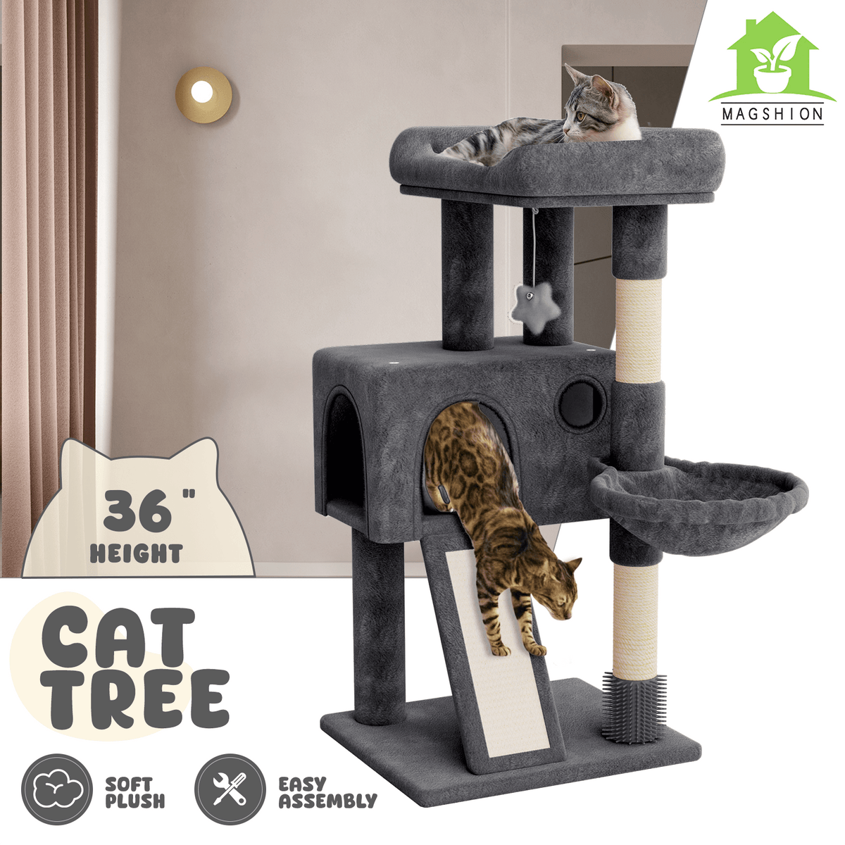 36 Inch Multi-Level Cat Tree Tower with Cat Condo Apartment Hammock Sisal Scratching Posts & Hanging Toys - Indoor Cat Climbing Playhouse for Cats Kittens - Plush Cat Villa Light Grey Smoky Grey