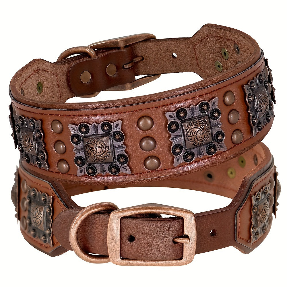 Heavy Duty Studded Leather Dog Collar for Medium and Large Dogs - Durable Real Leather with Metal Studs, Adjustable L XL XXL, 8 Colors, Strong Dog Collar for Large Breed Training Walking