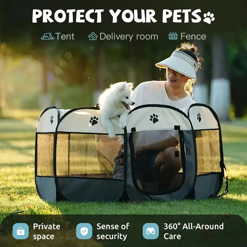 Foldable Pet Playpen Fence Octagonal Oxford Cloth - Anti-Grab Portable Indoor Outdoor Pet Enclosure Tent for Dogs Cats Rabbits S M L Sizes - Travel Pet Yard Beige Brown Beige Gray